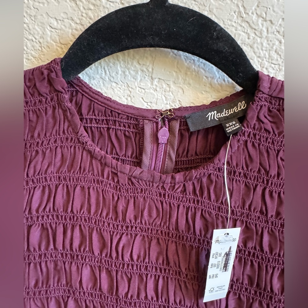 NWT Madewell Long-Sleeved Smocked Mini Dress Size XXS Dark Pomegranate - Picture 6 of 7